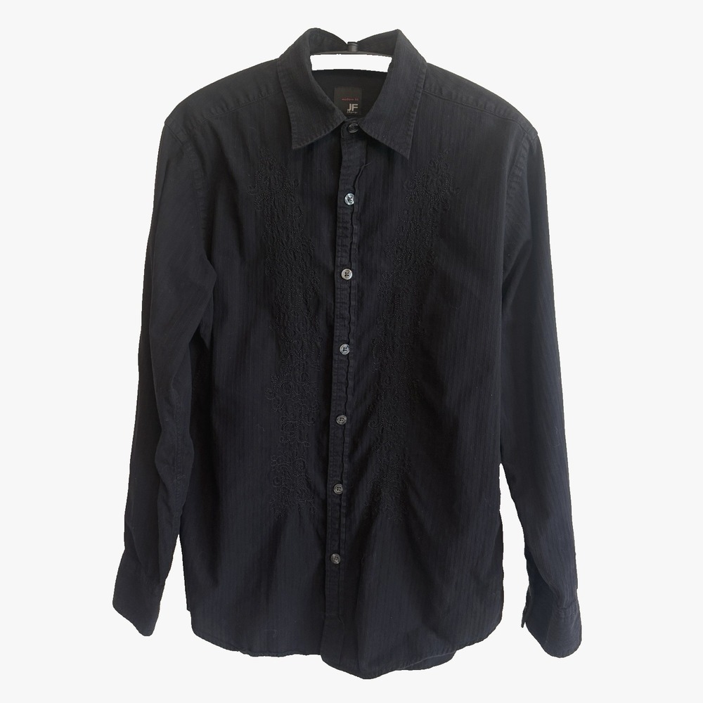 J.Ferrar Mens Button Long Sleeve Black Shirt 15-15 1/2 Med Embroidery Western